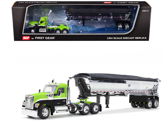 A 1/64 scale diecast model of a Kenworth W990 Day Cab & MAC Half-Round Tandem-Axle Dump Trailer in lime green and black, with real rubber tires and detailed interiors.