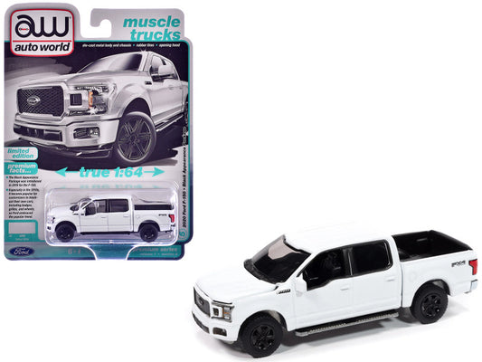 A diecast model of a 2020 Ford F-150 FX4 pickup truck in white color, packaged in a blister pack with a clear plastic window displaying the product information.