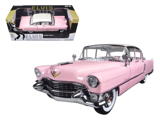 A diecast model of a 1955 Pink Cadillac, with the original packaging showing the car in use by Elvis Presley.