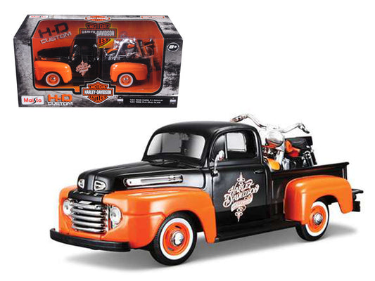 A 1/24 scale diecast model of a 1948 Ford F1 Pickup Truck with a 1958 Harley Davidson FLH Duo Glide Motorcycle attached to the back, in orange and black colors, by Maisto. The product is packaged in a box showing the model inside.