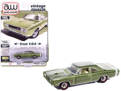 Green muscle car model with packaging featuring 'Auto World' branding on a white background.
