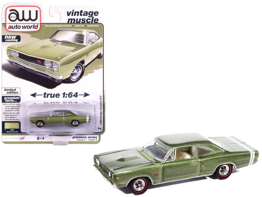 Green muscle car model with packaging featuring 'Auto World' branding on a white background.