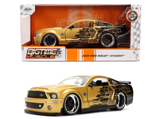 Gold model car with black accents on a white background