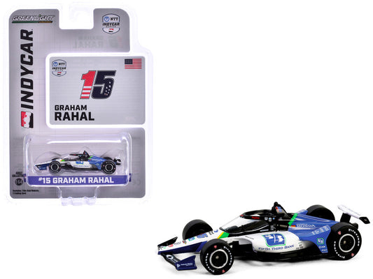 A diecast model of the Dallara IndyCar #15 Graham Rahal in its official livery with blue, white, and black colors, detailed interior and exterior, and real rubber tires.