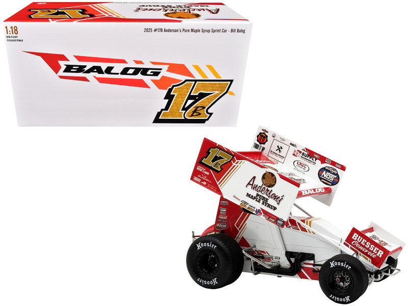 Model race car with 'Balog' branding and number 17, next to its packaging.