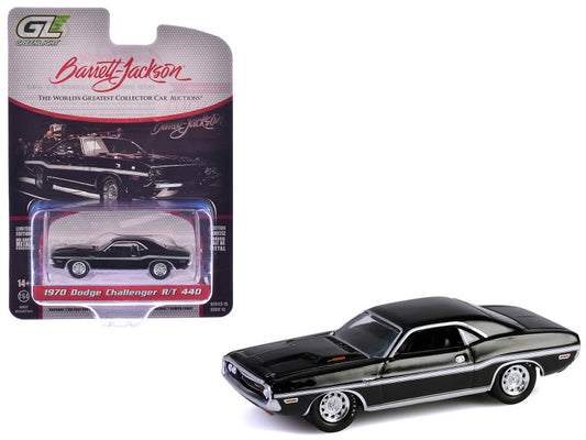 1970 Dodge Challenger RT 440 model car in black and white on a white background with Barrett-Jackson packaging.