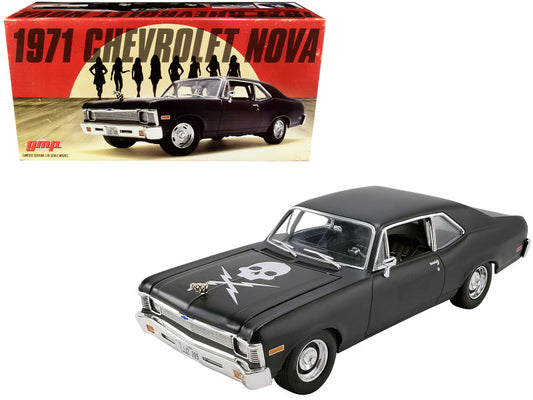 A diecast model of a 1971 Chevrolet Nova in black color with a 'Death Proof' movie theme, including a visible skull and crossbones on the hood.