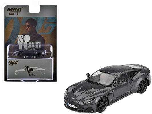Gray sports car model with packaging featuring a character and 'No Time to Die' text.