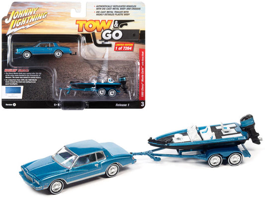 Toy car with trailer and boat set in packaging, brand 'Johnny Lightning' visible