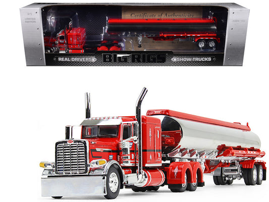 A 1/64 scale diecast model of a red Peterbilt 389X sleeper truck with a tank trailer, featuring black stripes and detailed cab and chassis.