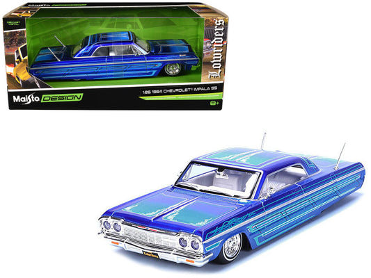 Blue model car with a green interior in front of its packaging on a white background