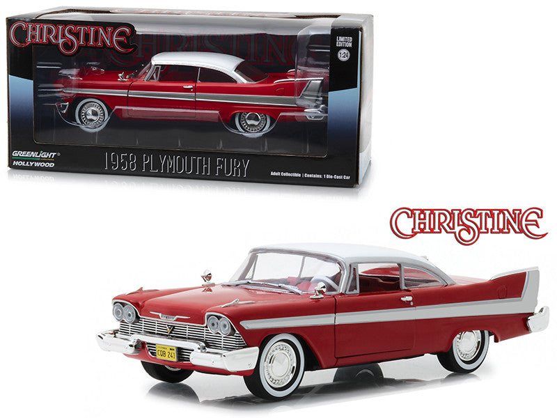 1958 Plymouth Fury model car in red and white with 'Christine' branding on packaging.