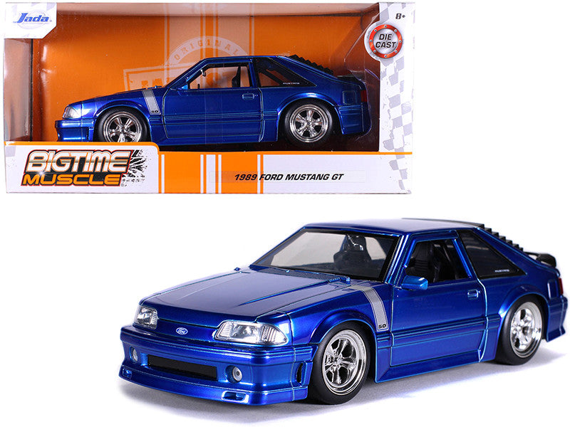 Blue model car of a 1989 Ford Mustang GT in packaging