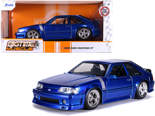 Blue model car of a 1989 Ford Mustang GT in packaging