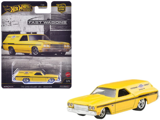 Yellow '70 Chevelle SS Wagon Hot Wheels die-cast car with packaging on a white background