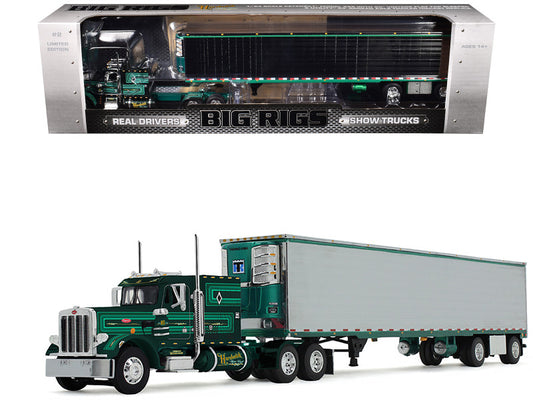 Model of a green and silver big rig truck with a trailer, featuring 'Show Trucks' branding.