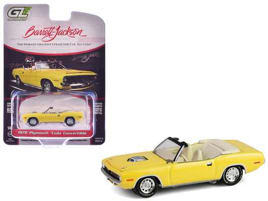Yellow 1970 Plymouth CUDA convertible model car with Barrett-Jackson packaging on a white background