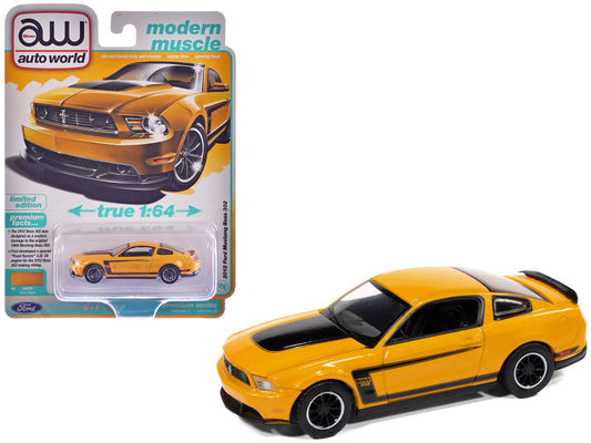 2012 Ford Mustang Boss 302 Yellow W/Black Accents 1/64 Diecast Model 64502-AWSP186A