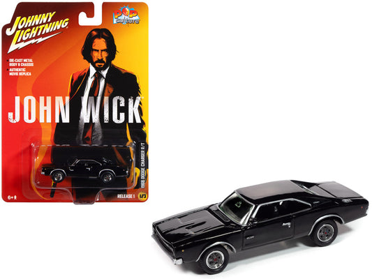 A 1/64 scale diecast model of a 1968 Dodge Charger R/T in black color, packaged in a blister pack with 'John Wick' movie branding.