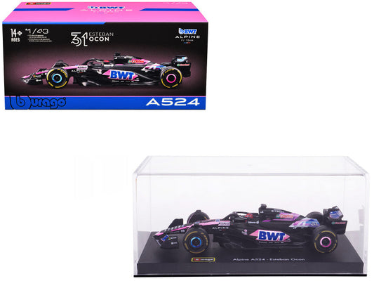Model Formula 1 car with packaging featuring 'BWT' and 'Alpine' branding on a white background.