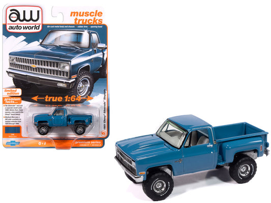 1981 Chevrolet Silverado Stepside Pickup Truck Blue 1/64 Scale Diecast Model 64452-AWSP179A