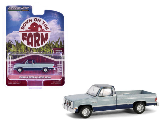 1985 GMC Sierra Classic K2500 model truck on a white background with 'Down on the Farm' packaging.