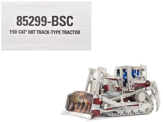 Model of a CAT track-type tractor with specifications on a white background