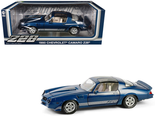 1980 Chevrolet Camaro Z28 model car in blue with a clear display case on a white background