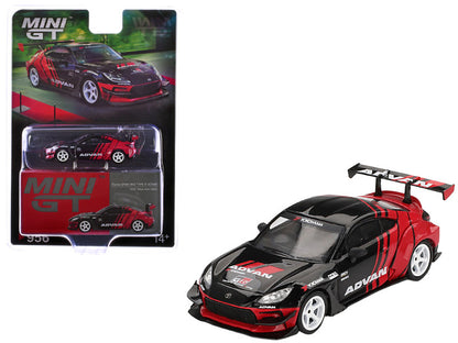 Red and black toy car with 'Mini GT' branding on a white background