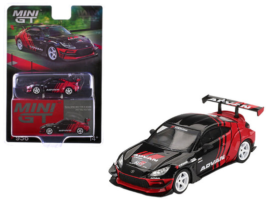 Red and black toy car with 'Mini GT' branding on a white background