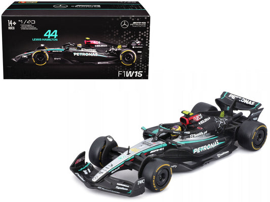 Model Formula 1 car with packaging displaying 'Mercedes' and 'Petronas' branding.