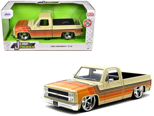 1985 Chevrolet C-10 Pickup Truck Beige W/Stripes and Cartelli Wheels 1/24 Scale Diecast Model 35858