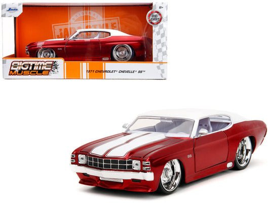 A 1:24 scale die cast model of a 1971 Chevrolet Chevelle SS in Candy Red with White Top and Stripes, from the 'Bigtime Muscle' series by Jada.