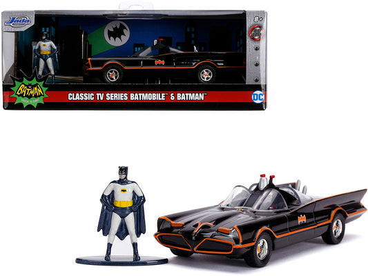 A 1/32 scale diecast metal model of the 1966 Batmobile with a figurine of Batman in classic TV series costume, packaged in a box.
