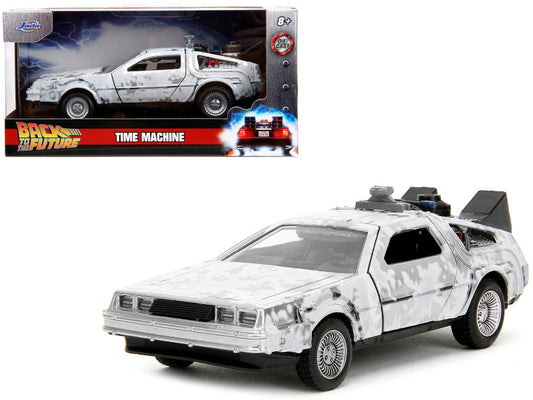 A 1/32 scale diecast model of the DMC DeLorean Time Machine from the movie 'Back to the Future' in brushed metal (frost version).