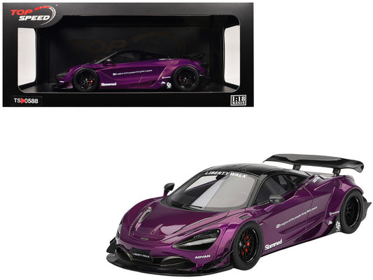 Purple sports car model with Liberty Walk and Shimano branding, displayed in front of its packaging.