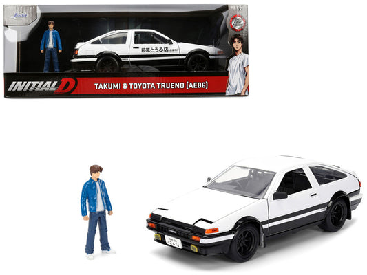 Model car and figure set with Takumi and Toyota Trueno AE86 from Initial D, displayed against a white background.