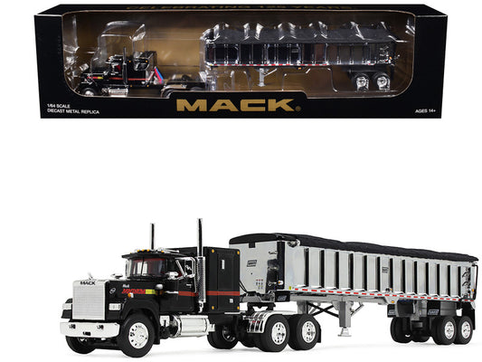 A 1/64 scale diecast model of a Mack Super-Liner truck with a dump trailer, predominantly in black color with detailed compartments and branding.