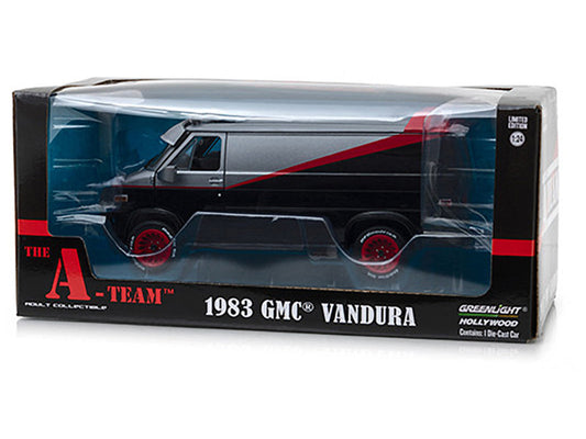 A 1/24 scale diecast model of a 1983 GMC Vandura Van from the TV series 'The A-Team', displayed in its themed packaging.
