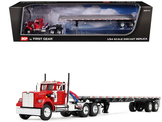 Red and white truck model with trailer in front of its packaging