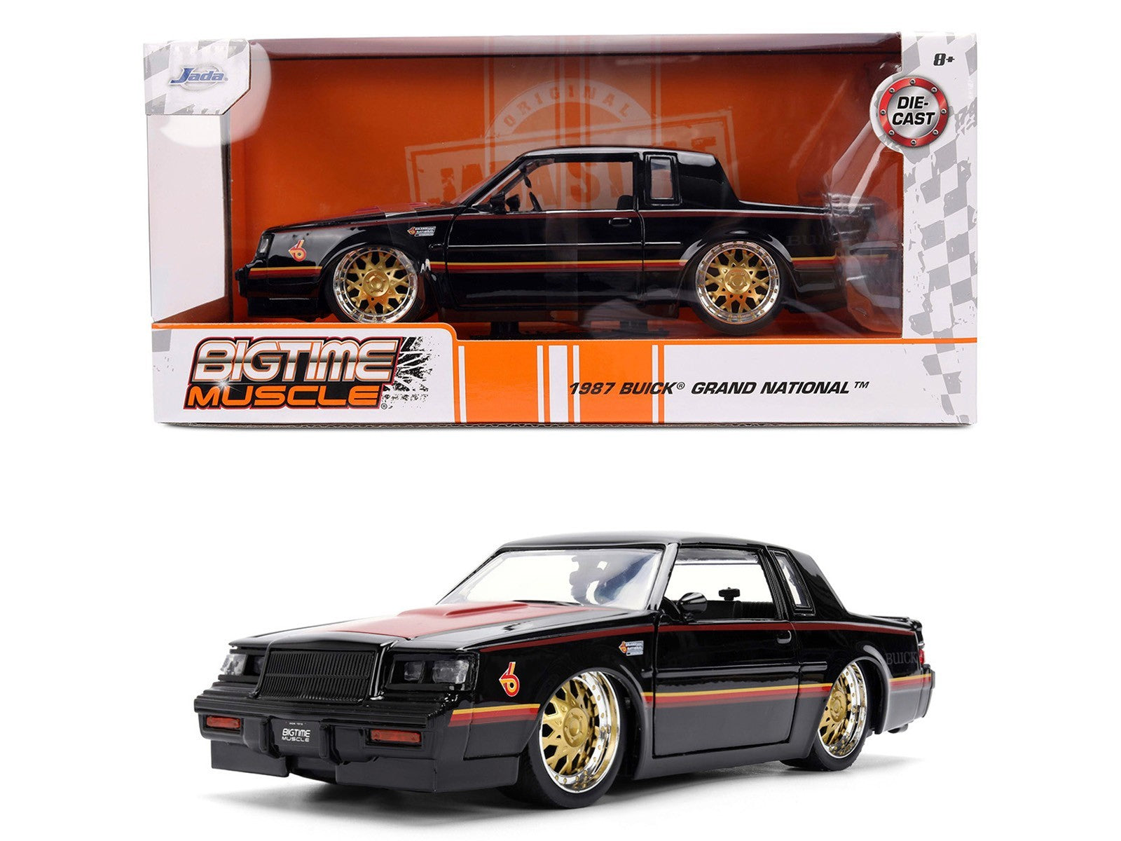 1987 Buick Grand National model car in packaging with 'Bigtime Muscle' branding.