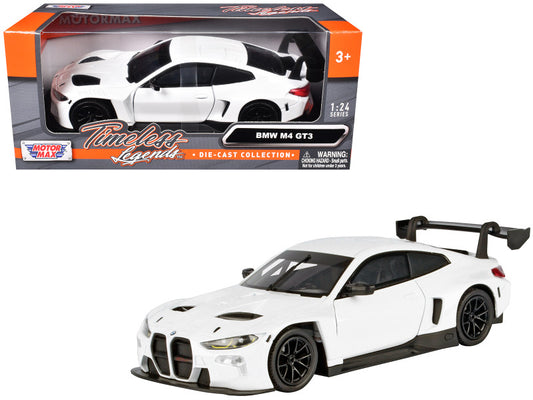 White BMW M4 GT3 model car with black details on a white background