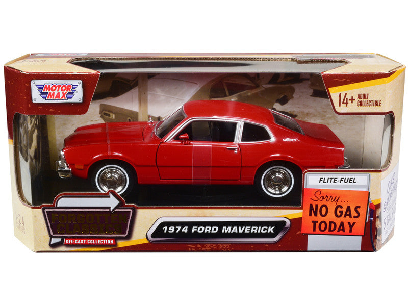 Model car of a 1974 Ford Maverick in packaging with 'Motor Max' branding.