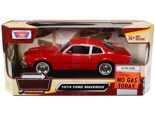 Model car of a 1974 Ford Maverick in packaging with 'Motor Max' branding.