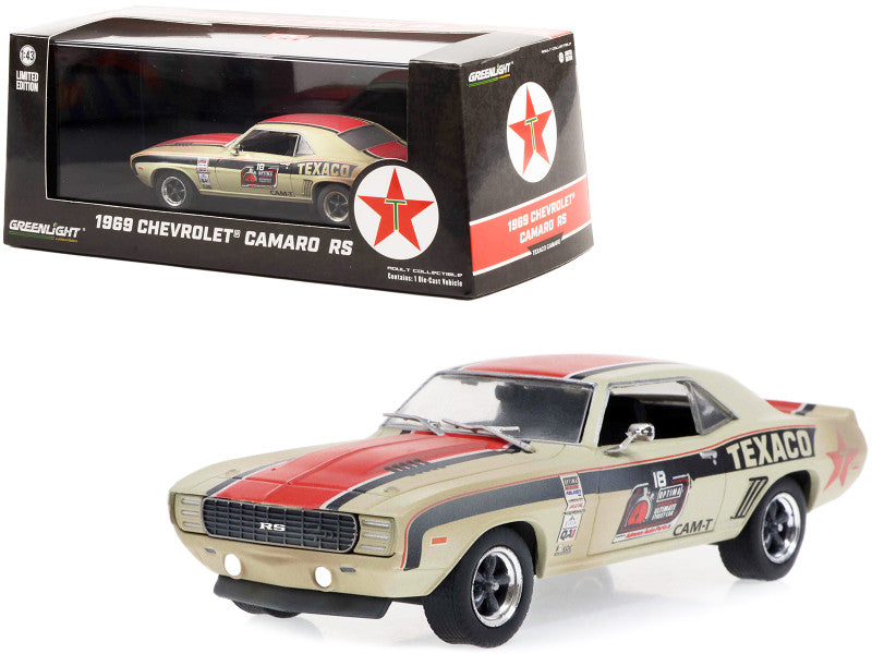 A 1969 Chevrolet Camaro RS diecast model car in beige, red, and black colors with racing decals, displayed in front of its packaging box.