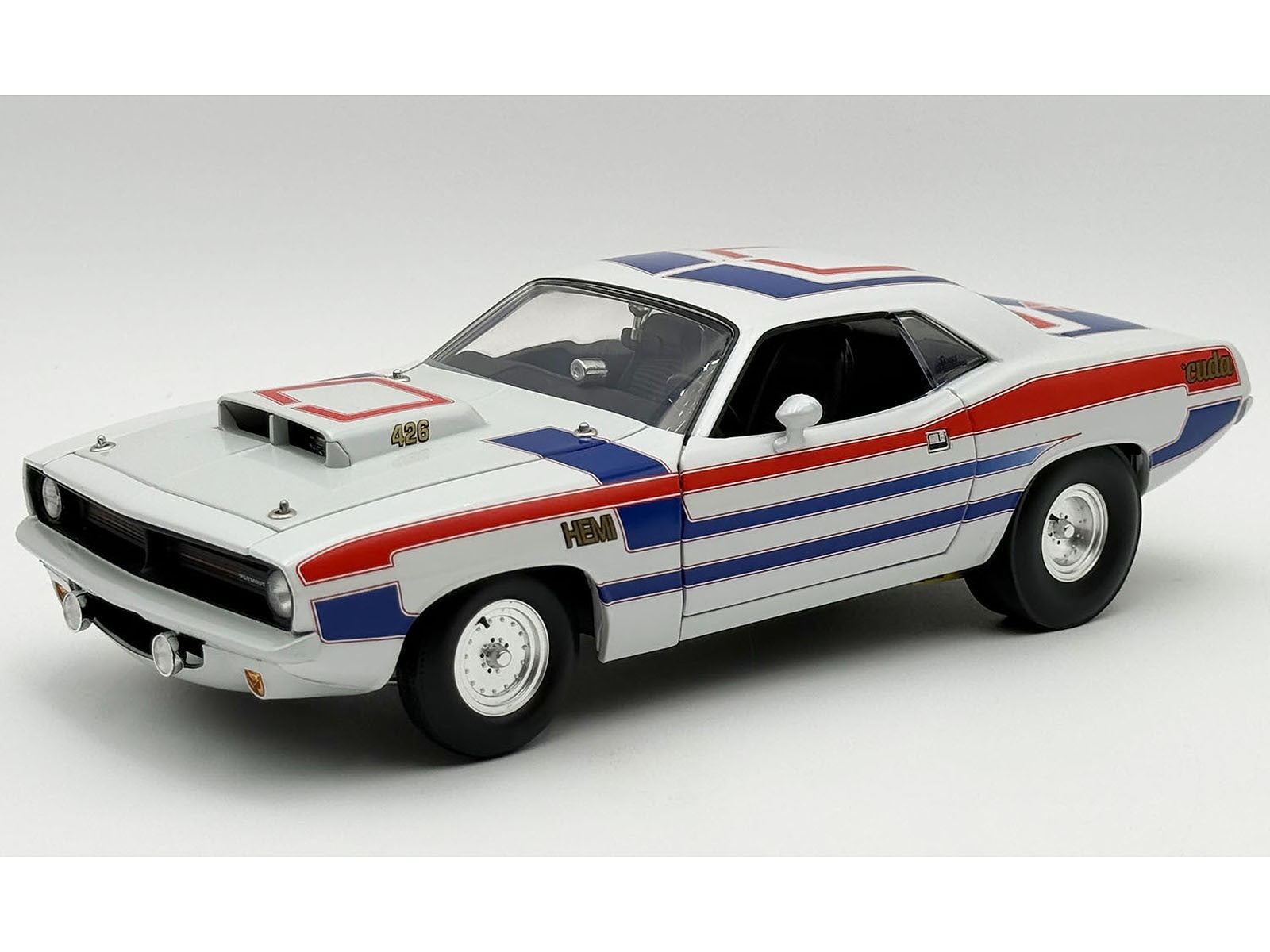 Model car with white body, red and blue stripes on a gray background
