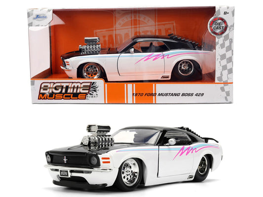 1970 Ford Mustang Boss 429 model car in packaging with 'Eight Time Muscle' branding.
