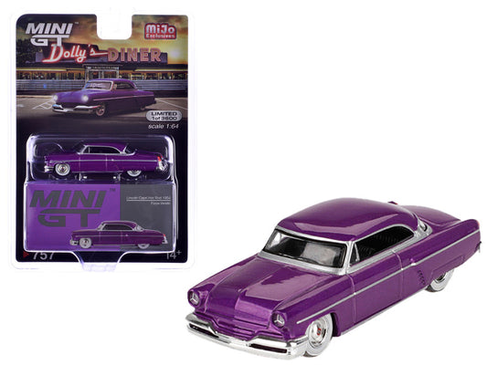 Purple vintage car model with packaging on a white background