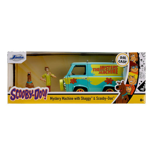 Diecast model of The Mystery Machine from Scooby-Doo with Shaggy and Scooby-Doo figurines packaged in a box.