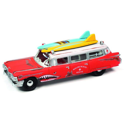 Red vintage-style ambulance toy with surfboards on a white background